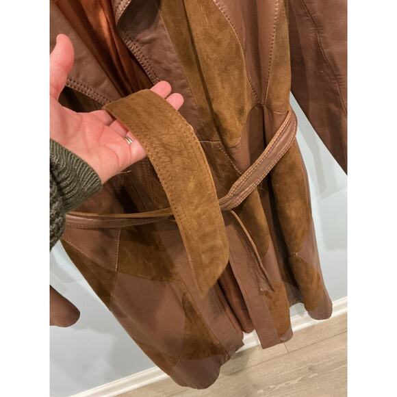 Vintage Womens Long Leather Suede Patchwork Trench Coat Size 16 Western Cowboy - Picture 7 of 13